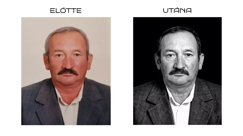 Balogh Sándor portréja előtte utána digitális restaurálás gránit gravírozáshoz