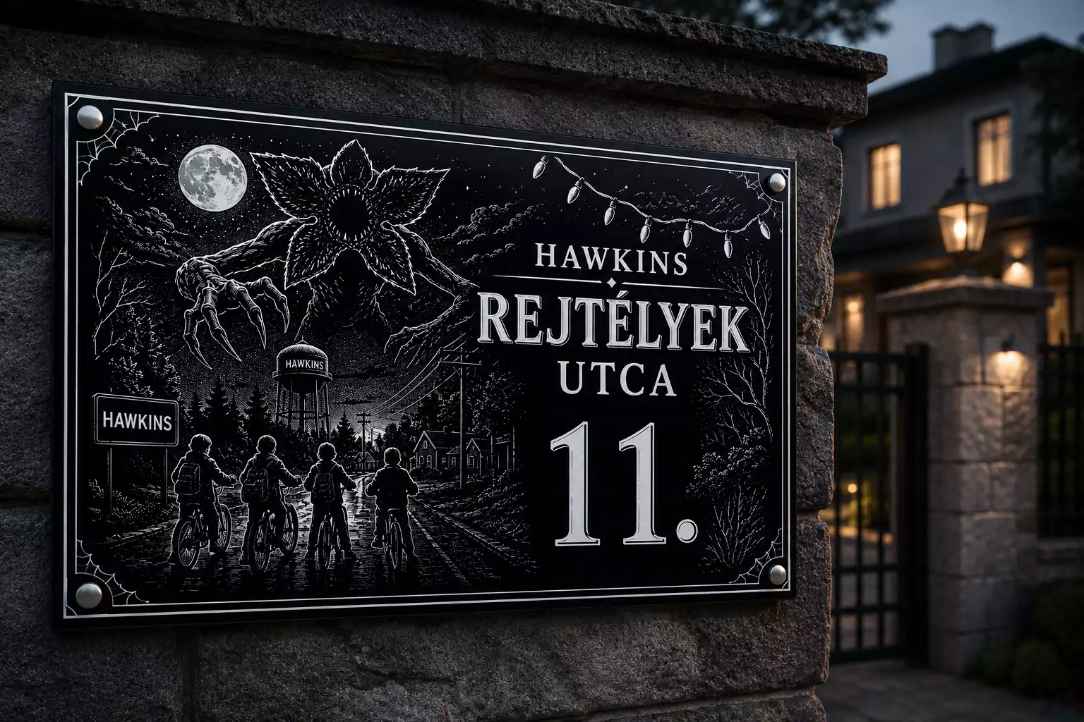 Képregényes stílusú egyedi fekete gránit tábla fehér grafikával