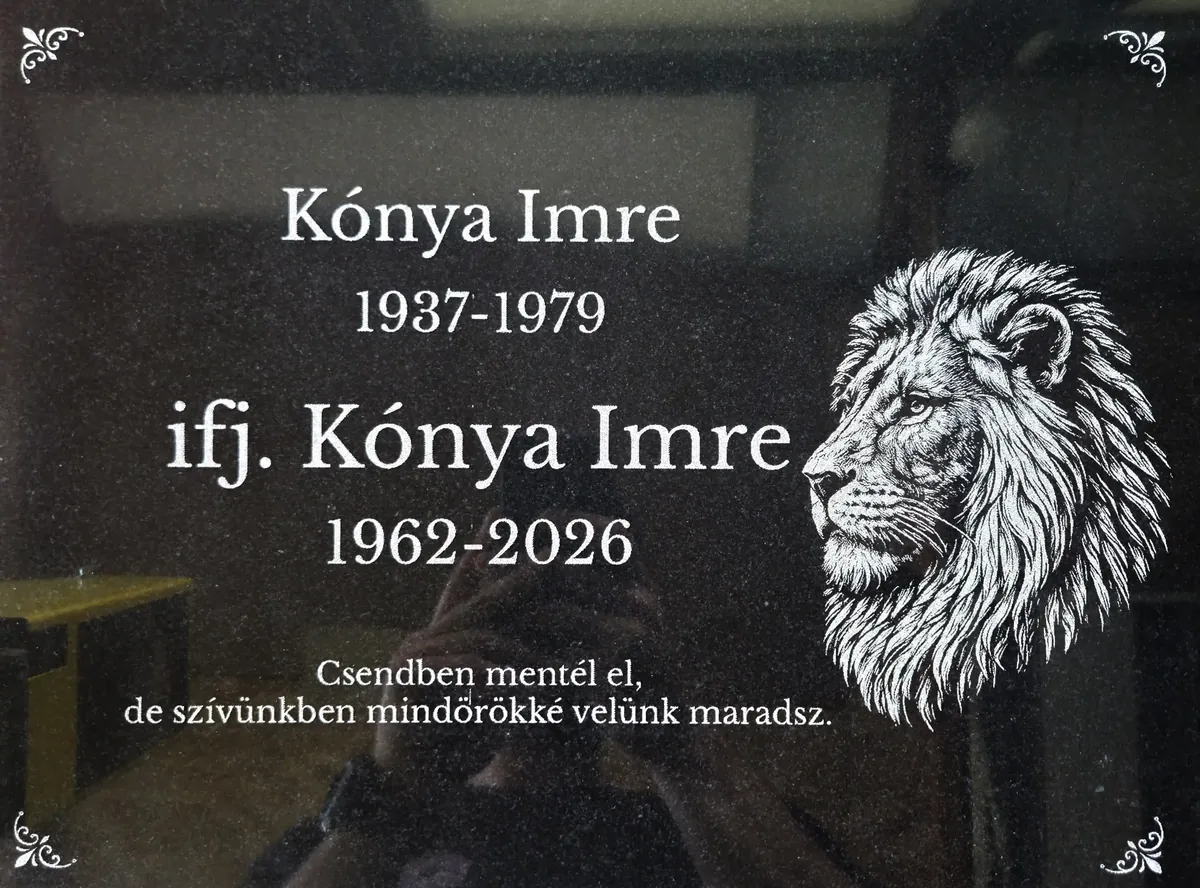 Natúr fehér oroszlán gravírozás grániton Kónya Imre emlékére